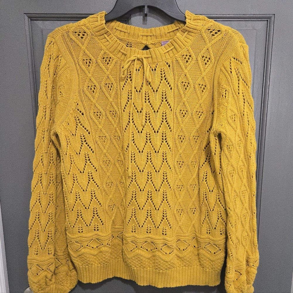 Marigold Yellow Open Knit Tie Neck  Sweater